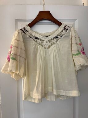 Free People Bohemian Lace Yoke Puff Sleeve Cream Top With Floral Embroidery